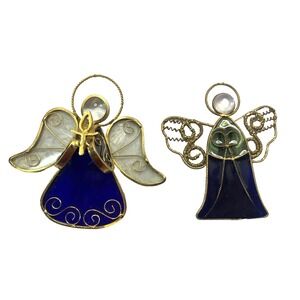Lot of 2 Stained Glass Angel Suncatcher Ornaments Glass Art Blue Gold